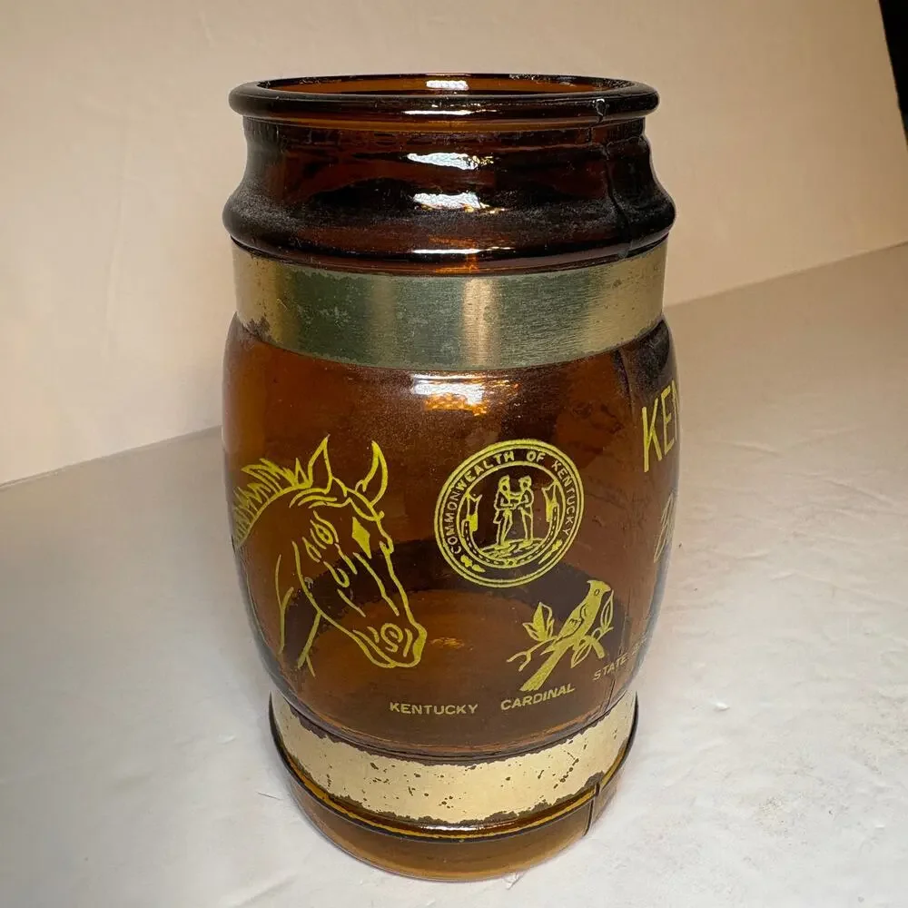Vintage Kentucky Blue Grass Souvenir Brown Glass Barrel Mug Wood Handle